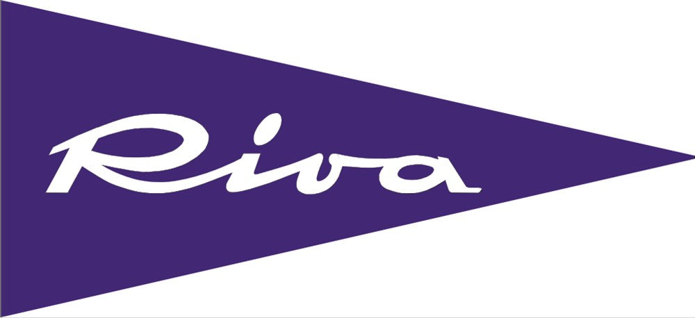 A purple triangular pennant flag with the word 'Riva' in white script across the center, shown on a white background.