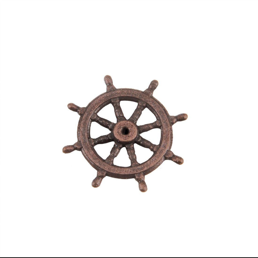 A single ship's wheel decorative piece or hardware charm in a distressed bronze-brown finish, isolated on a solid white background.