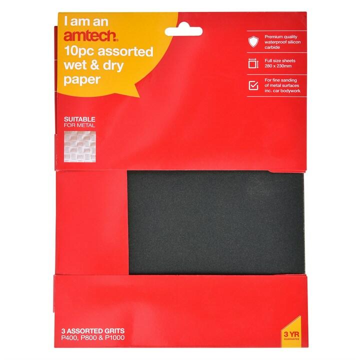 Amtech S3865 10 Piece assorted wet and dry silicon carbide paper (230mm x 280mm)