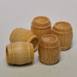 Five miniature wooden barrel figurines in various positions, displayed on a light gray background.
