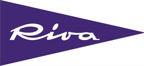 A purple triangular pennant flag with the word 'Riva' in white script across the center, shown on a white background.