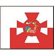 A square graphic showing a red cross on a white background with a small multicolor emblem in the center.