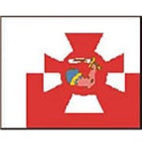A square graphic showing a red cross on a white background with a small multicolor emblem in the center.