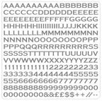 A black alphabet font preview showing uppercase letters from A to Z, numbers 0-9, and symbols like @ and # on a light gray background.