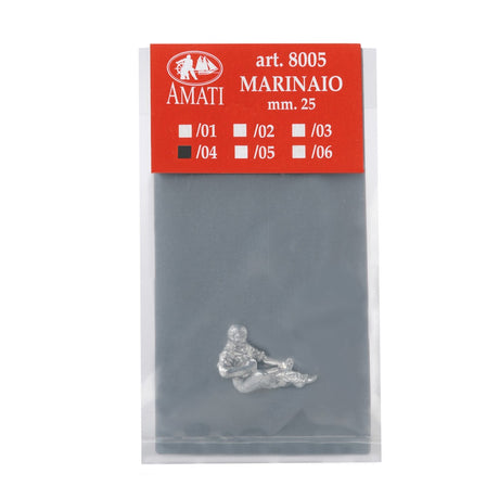 Amati Marinaio miniature figure in its original packaging, featuring a gray plastic bag with a red header card and a small silver-colored seated figure inside.