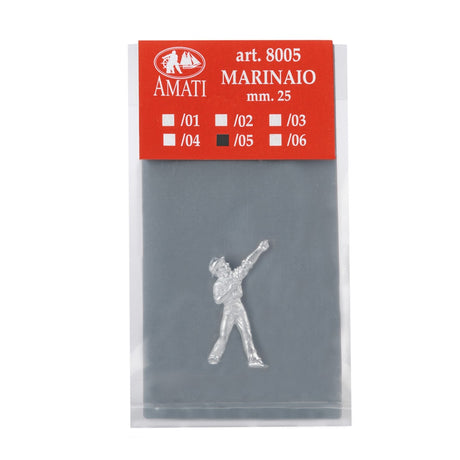 Amati Marinaio miniature figure in silver-colored metal, sealed in a clear plastic bag with a red header card showing product details.