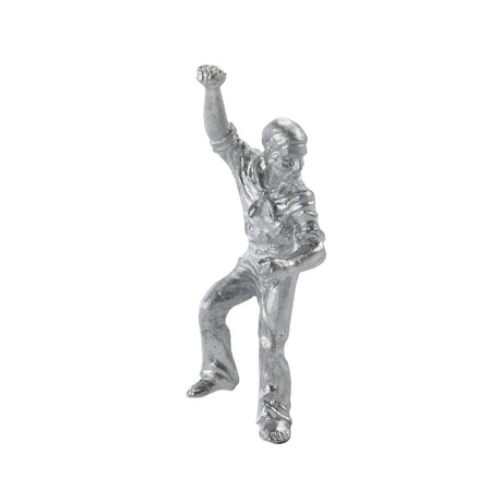 A small metallic silver figurine of a dancing person with one arm raised, shown on a plain white background.