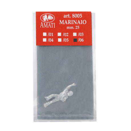 Amati Marinaio mm. 25 miniature figure in clear plastic packaging with a red label, showing a small silver-colored plastic diver figure.