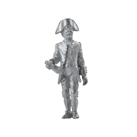 Metallic figurine of a historical character on a white background
