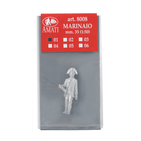 Amati Marinaio miniature figurine in its original packaging, featuring a silver-colored metal soldier figure inside a gray plastic bag with a red header card.