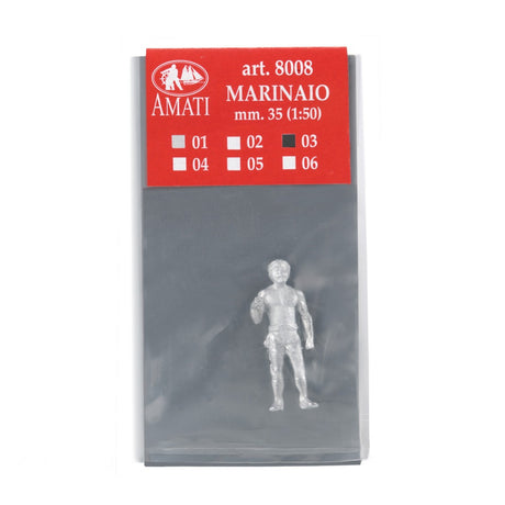 Amati Marinaio miniature figure in its original packaging, featuring a red header card with color options and a clear plastic bag containing the unpainted silver figure.