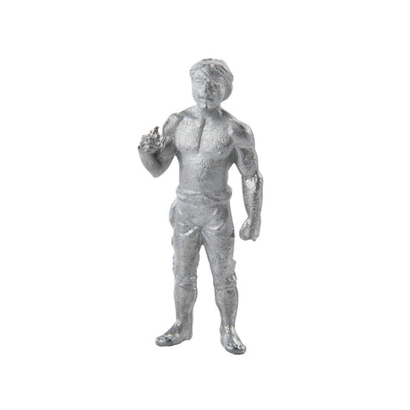 A small metallic silver figurine of a muscular male athlete standing and gesturing with his right hand, isolated on a white background.