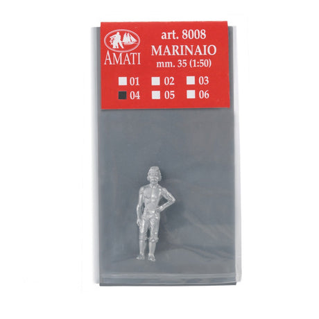 Amati 1:50 scale miniature figurine of a sailor in kit color, packaged in a clear plastic bag with a red header card showing product details.
