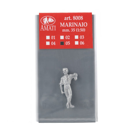 Amati Marinaio miniature model in its original packaging, featuring a silver-colored metal figure of a sailor on a gray background card with a red header card.