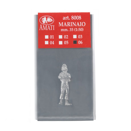 Amati Marinaio miniature figurine in its original packaging, featuring a silver-colored metal figure of a sailor with crossed arms, set against a red and white label.