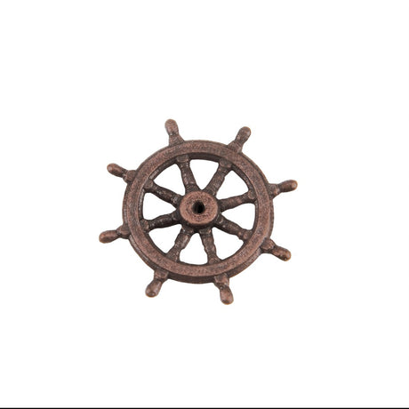A single ship's wheel decorative piece or hardware charm in a distressed bronze-brown finish, isolated on a solid white background.
