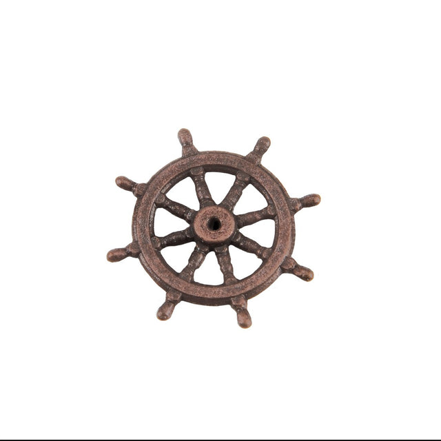 A single ship's wheel decorative piece or hardware charm in a distressed bronze-brown finish, isolated on a solid white background.