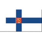 The national flag of Finland, featuring a white cross on a blue field with the Swedish royal coat of arms in the red and gold cross at the center.