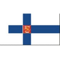 The national flag of Finland, featuring a white cross on a blue field with the Swedish royal coat of arms in the red and gold cross at the center.