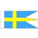 A small Swedish flag pennant banner with a blue field, yellow cross, and white arrowhead, shown on a plain white background.